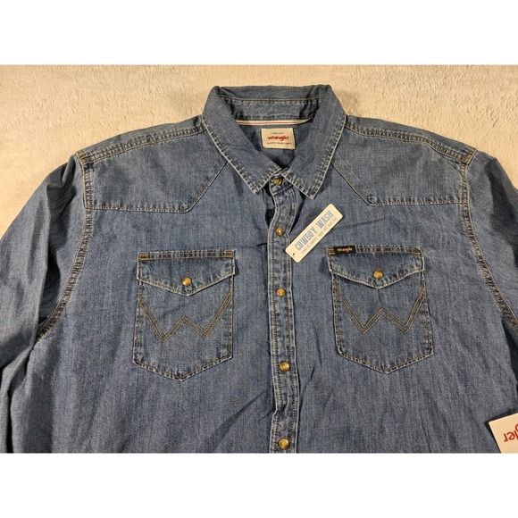 NWT Wrangler Pearl Snap Denim Western Cowboy Wash Shirt 3XL Blue - Picture 1 of 6